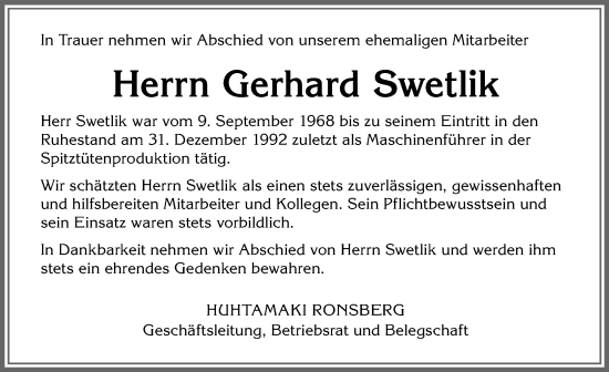 Traueranzeige von Gerhard Swetlik von Allgäuer Zeitung, Marktoberdorf