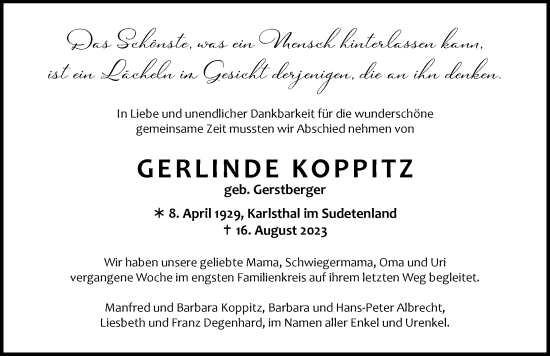 Traueranzeige von Gerlinde Koppitz von Memminger Zeitung