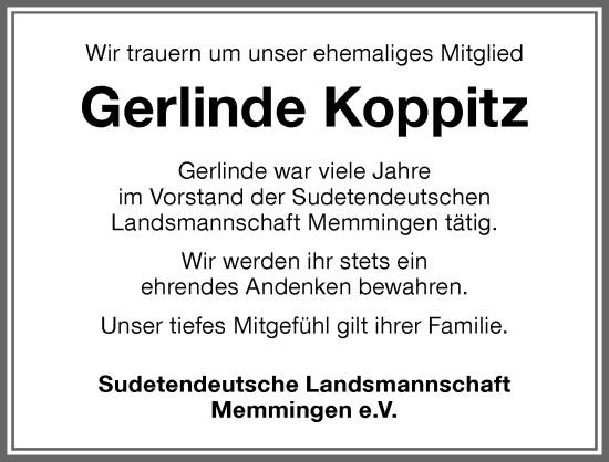 Traueranzeige von Gerlinde Koppitz von Memminger Zeitung