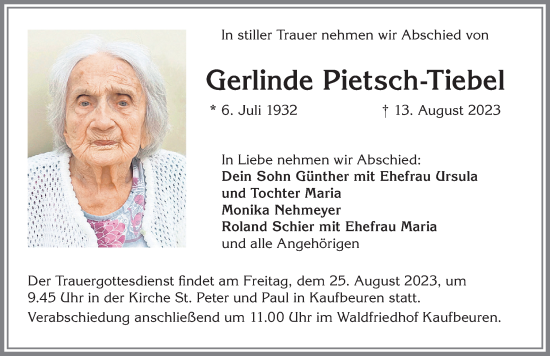 Traueranzeige von Gerlinde Pietsch-Tiebel von Allgäuer Zeitung, Kaufbeuren/Buchloe