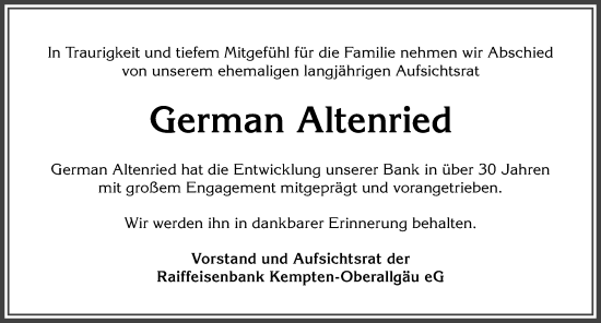 Traueranzeige von German Altenried von Allgäuer Anzeigeblatt