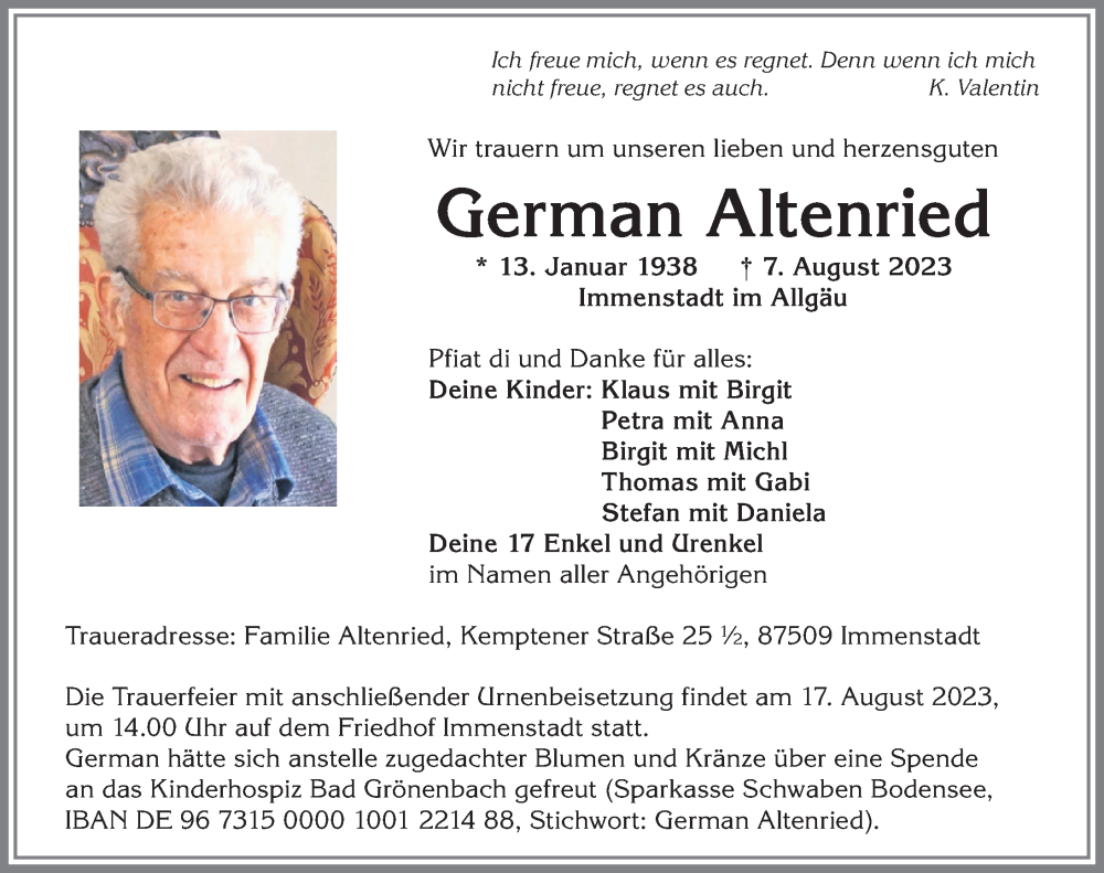  Traueranzeige für German Altenried vom 12.08.2023 aus Allgäuer Anzeigeblatt