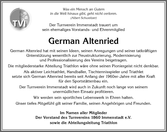 Traueranzeige von German Altenried von Allgäuer Anzeigeblatt