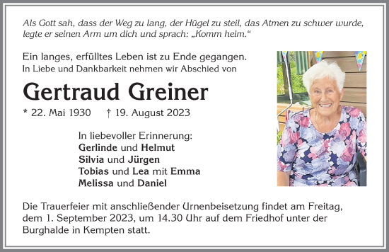Traueranzeige von Gertraud Greiner von Allgäuer Anzeigeblatt