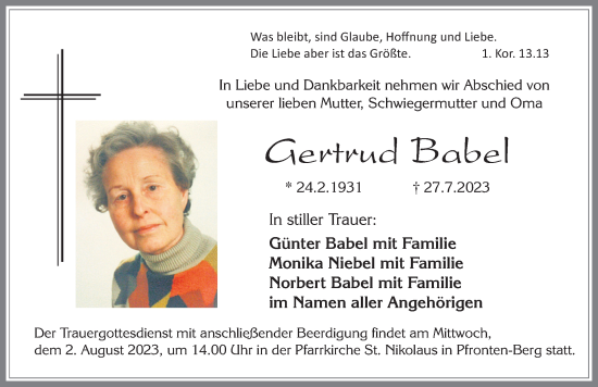 Traueranzeige von Gertrud Babel von Allgäuer Zeitung, Füssen