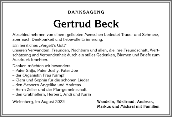 Traueranzeige von Gertrud Beck von Allgäuer Anzeigeblatt
