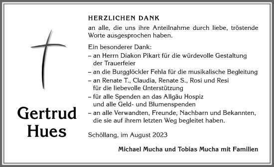 Traueranzeige von Gertrud Hues von Allgäuer Anzeigeblatt