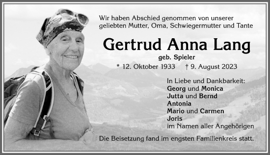 Traueranzeige von Gertrud Anna Lang von Allgäuer Zeitung,Kempten