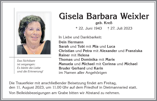 Traueranzeige von Gisela Barbara Weixler von Memminger Zeitung