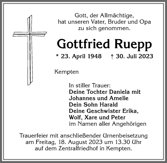 Traueranzeige von Gottfried Ruepp von Allgäuer Zeitung,Kempten