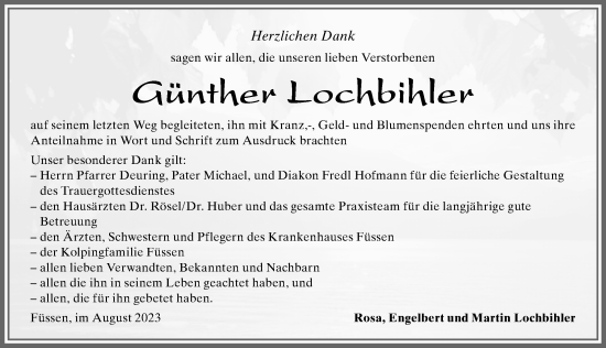 Traueranzeige von Günther Lochbihler von Allgäuer Zeitung, Füssen
