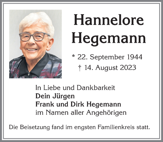 Traueranzeige von Hannelore Hegemann von Memminger Zeitung