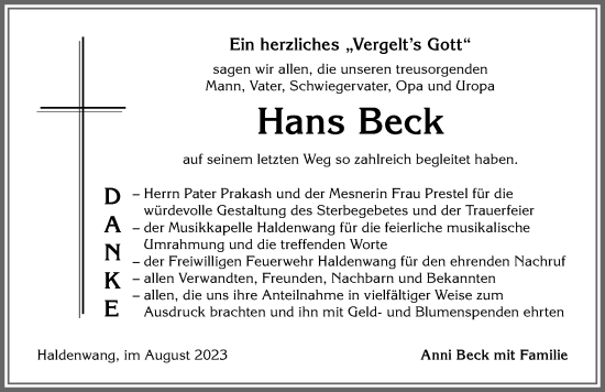 Traueranzeige von Hans Beck von Allgäuer Zeitung,Kempten