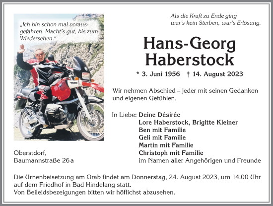 Traueranzeige von Hans-Georg Haberstock von Allgäuer Anzeigeblatt