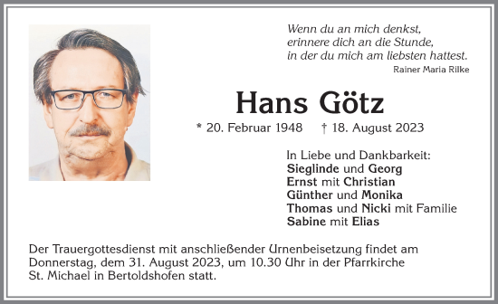 Traueranzeige von Hans Götz von Allgäuer Zeitung, Marktoberdorf
