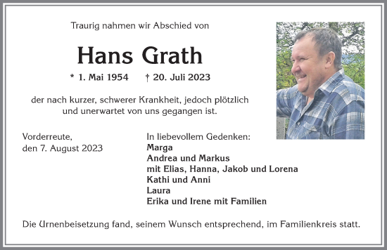 Traueranzeige von Hans Grath von Allgäuer Anzeigeblatt