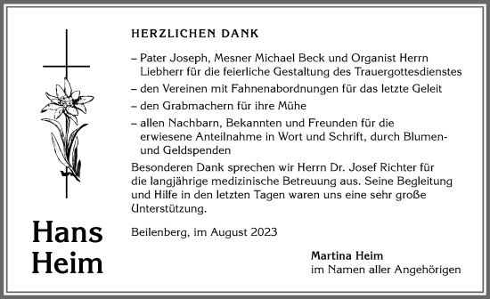 Traueranzeige von Hans Heim von Allgäuer Anzeigeblatt