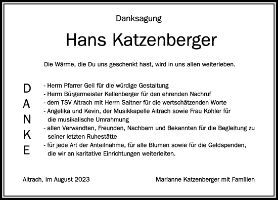 Traueranzeige von Hans Katzenberger von Memminger Zeitung