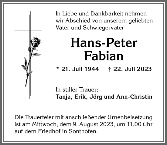 Traueranzeige von Hans-Peter Fabian von Allgäuer Anzeigeblatt