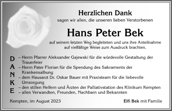 Traueranzeige von Hans Peter Bek von Allgäuer Zeitung,Kempten