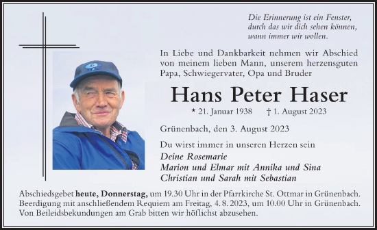 Traueranzeige von Hans Peter Haser von Der Westallgäuer