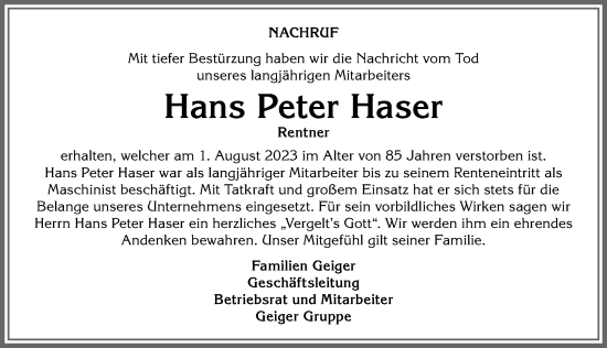 Traueranzeige von Hans Peter Haser von Der Westallgäuer
