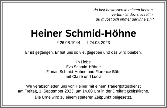 Traueranzeige von Heiner Schmid-Höhne von Allgäuer Zeitung, Kaufbeuren/Buchloe