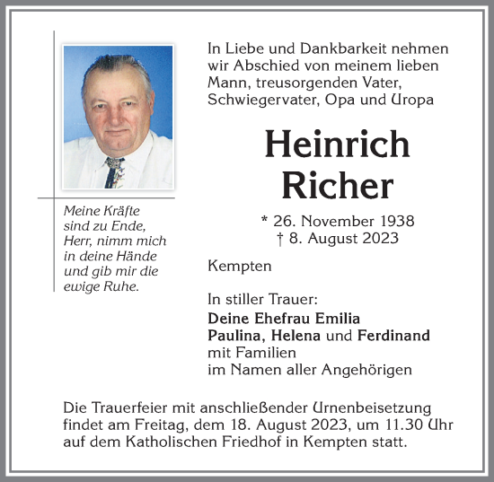 Traueranzeige von Heinrich Richer von Allgäuer Zeitung,Kempten