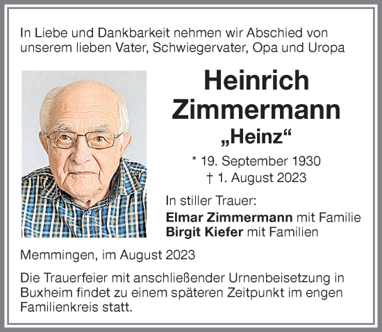 Traueranzeige von Heinrich Zimmermann von Memminger Zeitung