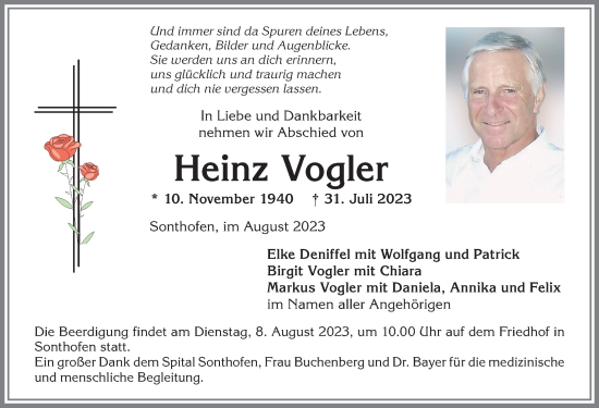 Traueranzeige von Heinz Vogler von Allgäuer Anzeigeblatt