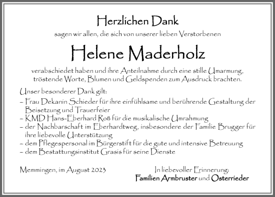 Traueranzeige von Helene Maderholz von Memminger Zeitung