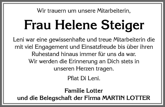 Traueranzeige von Helene Steiger von Allgäuer Zeitung, Füssen