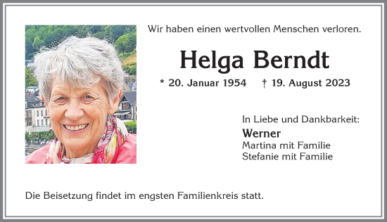 Traueranzeige von Helga Berndt von Allgäuer Zeitung,Kempten