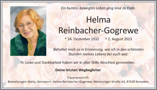 Traueranzeige von Helma Reinbacher-Gogrewe von Allgäuer Zeitung,Kempten