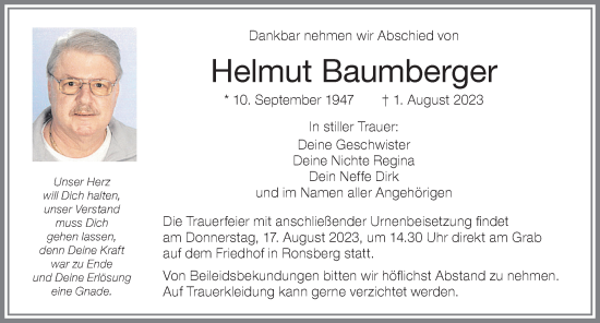 Traueranzeige von Helmut Baumberger von Allgäuer Zeitung, Marktoberdorf