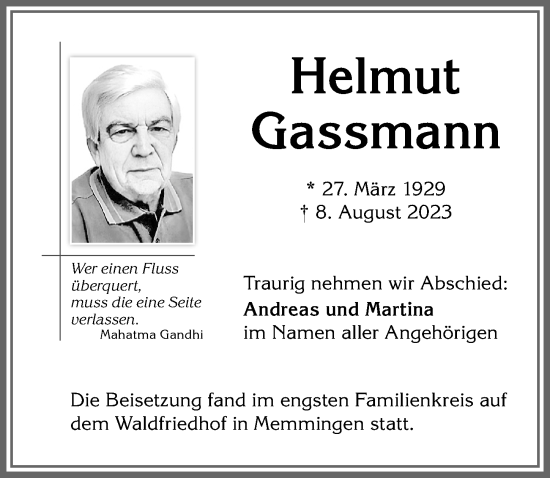 Traueranzeige von Helmut Gassmann von Memminger Zeitung