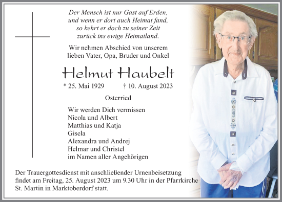 Traueranzeige von Helmut Haubelt von Allgäuer Zeitung, Marktoberdorf