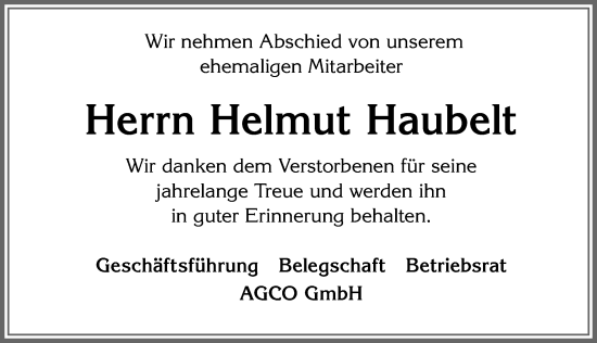 Traueranzeige von Helmut Haubelt von Allgäuer Zeitung, Marktoberdorf