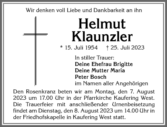 Traueranzeige von Helmut Klaunzler von Allgäuer Zeitung, Kaufbeuren/Buchloe
