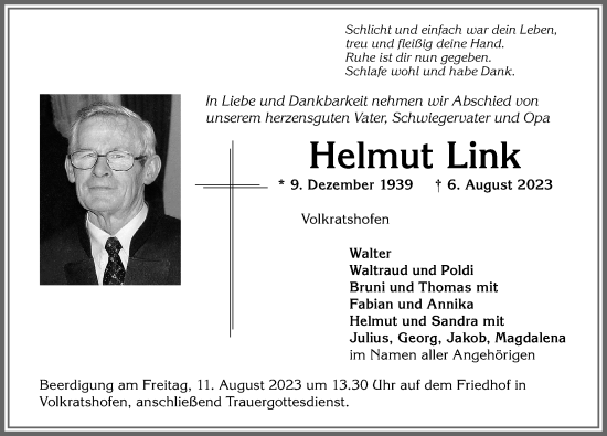 Traueranzeige von Helmut Link von Memminger Zeitung