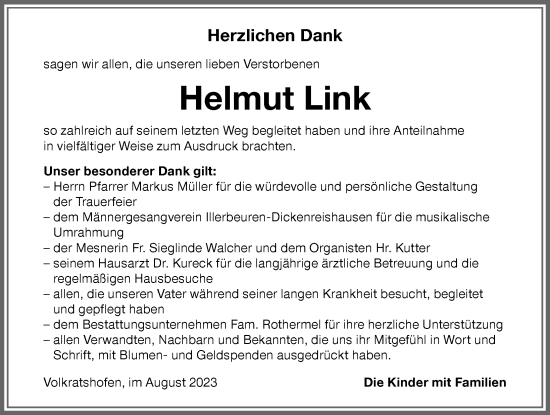 Traueranzeige von Helmut Link von Memminger Zeitung