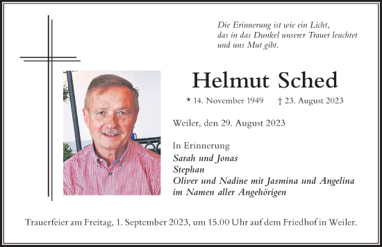 Traueranzeige von Helmut Sched von Der Westallgäuer