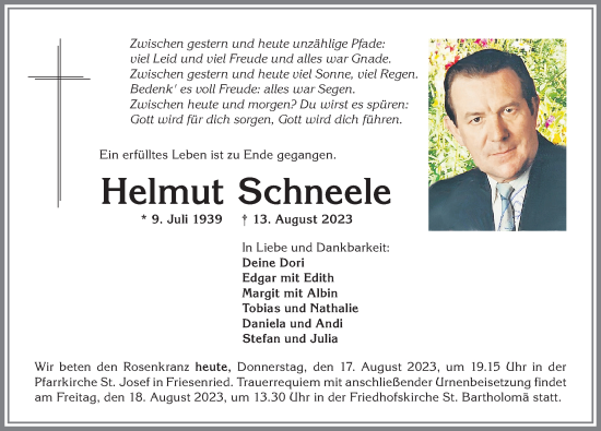 Traueranzeige von Helmut Schneele von Allgäuer Zeitung, Kaufbeuren/Buchloe