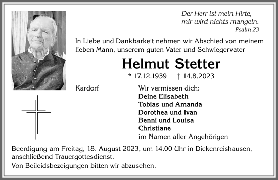 Traueranzeige von Helmut Stetter von Memminger Zeitung