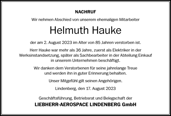Traueranzeige von Helmuth Hauke von Der Westallgäuer