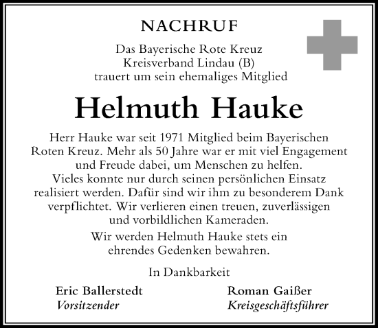 Traueranzeige von Helmuth Hauke von Der Westallgäuer