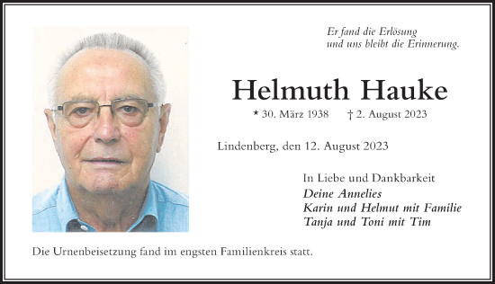 Traueranzeige von Helmuth Hauke von Der Westallgäuer