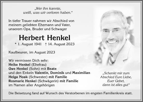 Traueranzeige von Herbert Henkel von Allgäuer Zeitung, Marktoberdorf