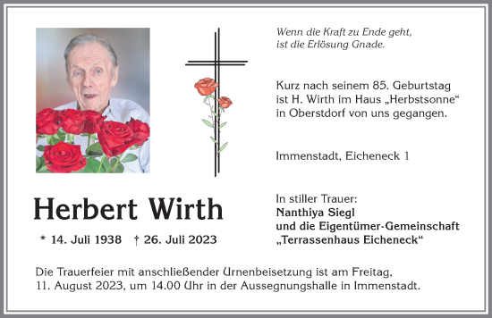 Traueranzeige von Herbert Wirth von Allgäuer Anzeigeblatt