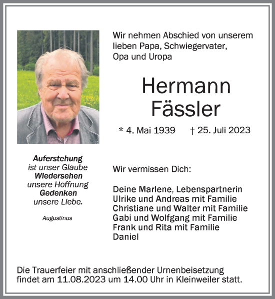 Traueranzeige von Hermann Fässler von Allgäuer Zeitung,Kempten